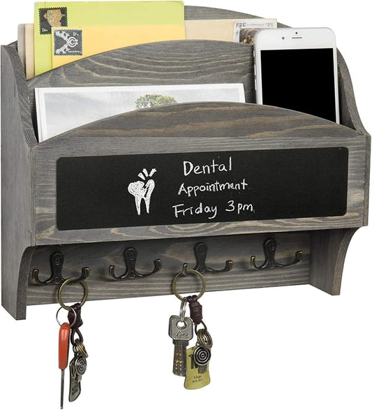 MyGift 2-Compartment Vintage Gray Wood Wall Mounted Entryway Mail Organizer Letter Sorter with Chalkboard Label Surface and 4 Double Key Hooks
