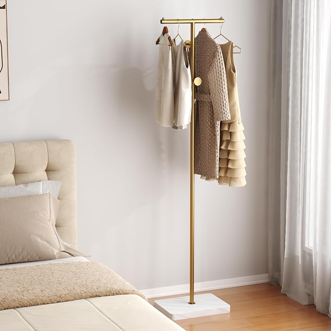 HOMEFORT Coat Rack, Freestanding Metal Coat Racks, T-Shape Clothes Hat Stand with 2 Hooks for Closet, Bedroom, Entryway, Living Room, Gold