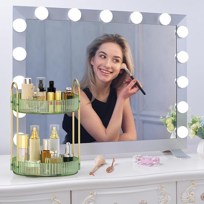 MOKANI 360 Rotating Makeup Organizer for Vanity, 2 Tier Perfume Organizer | Adjustable Multi-Function Spinning Cosmetics Skincare Storage for Bedroom, Dresser, Countertop, Green