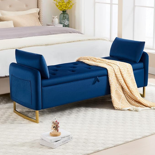 65" Storage Bench for Bedroom, Velvet End of Bed Bench, King Size Bed Benches for Foot with Tufted Button and Gold Legs, Upholstered Window Ottoman Benches with Armrests, Navy Blue