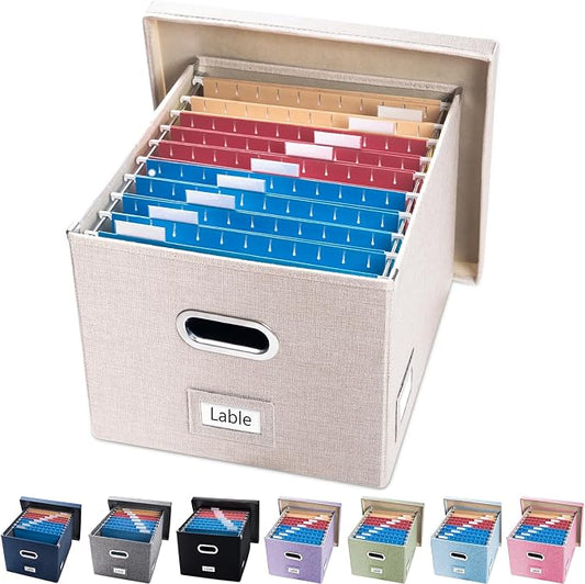File Organizer Box - Set of 1 Collapsible Decorative Linen Filing Storage Hanging File Folders with Lids Office Cabinet Letter/Legal Size Light Grey (17x14x11.2 inch)