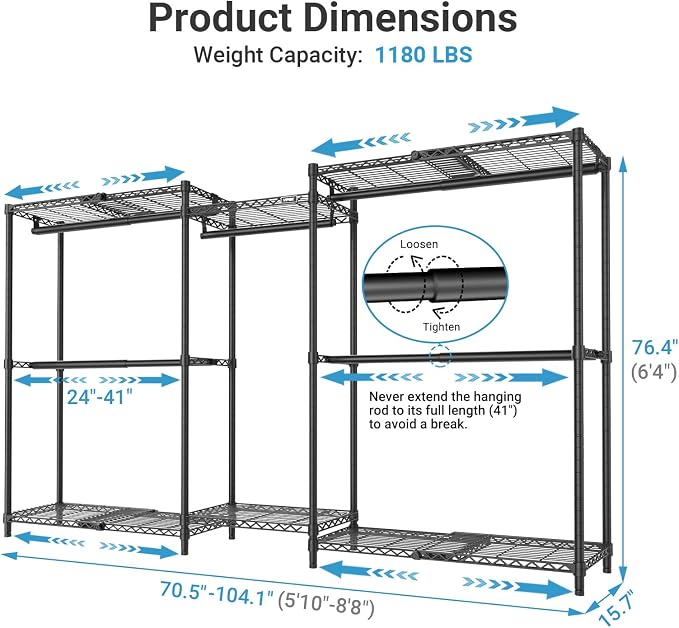 VIPEK X3 Basic Expandable Closet System, Heavy Duty Freestanding Open Wardrobe with Long Hanging Area, 5 Hanging Rods & 6 Adjustable Shelves, Fits 5.10 to 8.8 FT, Black