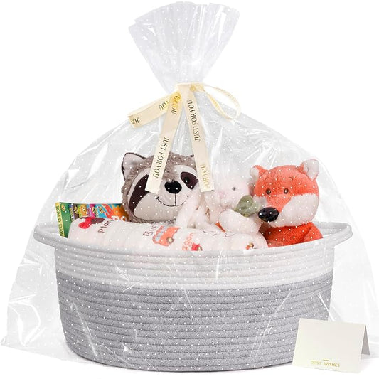 CHICVITA Large Rope Gift Basket Empty with Bags & Ribbon to Fill, Grey | 13.6"x 10" x 6" Woven Gift Basket Empty to Fill for Holiday, Rope Baskets for Organizing, Birthday Basket, Dog Toy Basket