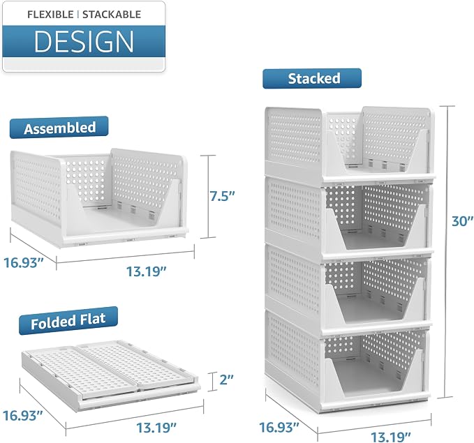 Sorbus 4 Pack Medium Shelf Organizer with Open Front Design Under Shelf for Closet Bathroom Kitchen Garage Plastic Stackable Storage Baskets