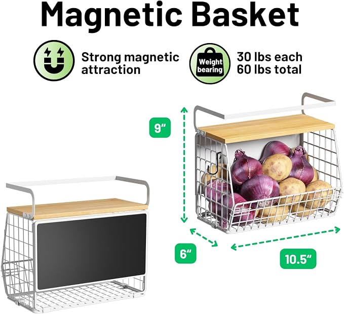 Magnetic Shelf for Fridge with Wood Lid, Fruit Potato and Onion Storage Bins, Pantry Organizers & Storage, Large Container Magnetic Spice Rack for Refrigerator, Kitchen Counter (White, 1)