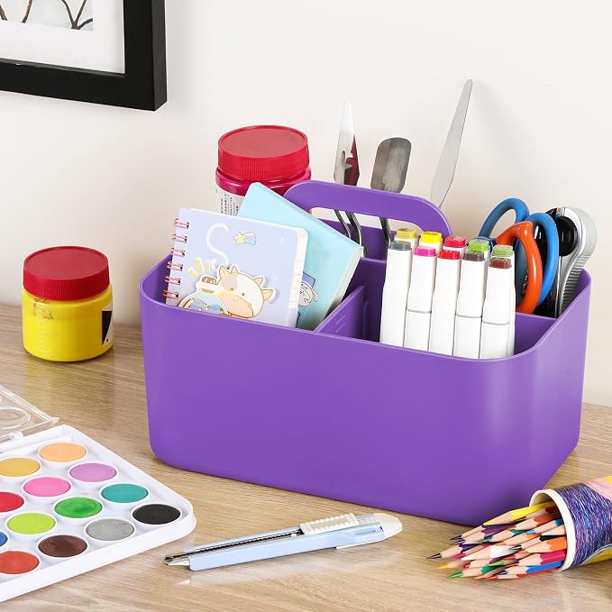 Multiuse Caddy Organizer with Handle, Portable Divided Plastic Tote Bin - Art Craft, Stationary Pen Marker Crayon, Makeup Hair Supplies Storage - Bathroom, Classroom, Dorm, Office, Desk Holder -Purple