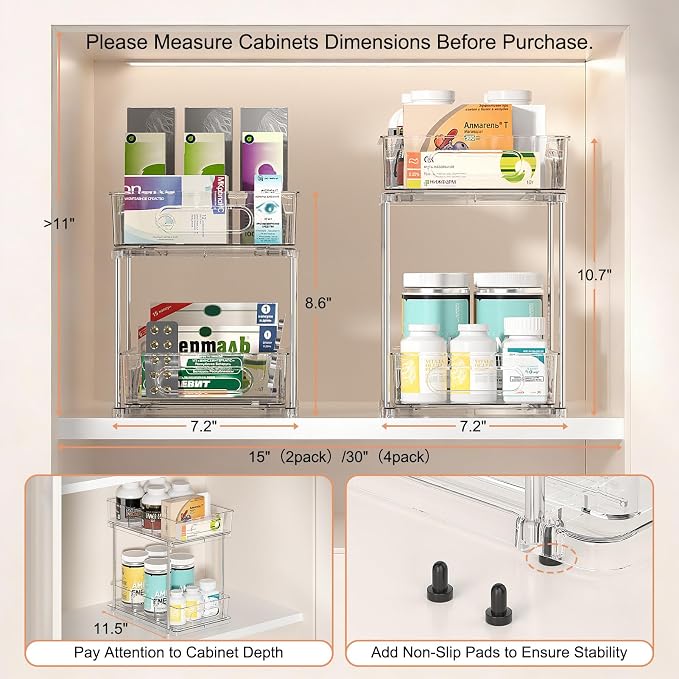 Delamu 2 Tier Under Sink Organizer Bathroom, Bathroom Cabinet Organizer with Snap-Lock Design and Hooks, Pull Out Storage with Movable Dividers, for Countertop, Kitchen and Pantry (Clear, 4 Pack)