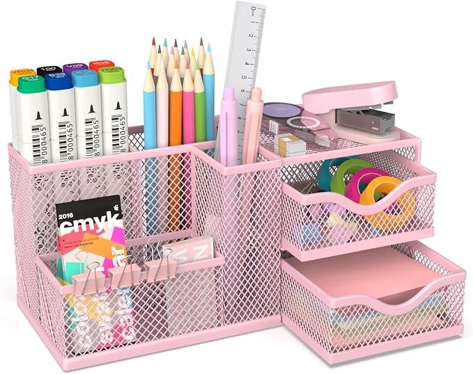 Mesh Desk Organizer with 2 Drawers, Metal Pen Holder for Desk, Pink | Versatile Storage for Pens, Notes, Clips, Desk Accessories and Office Supplies for School Office Classroom