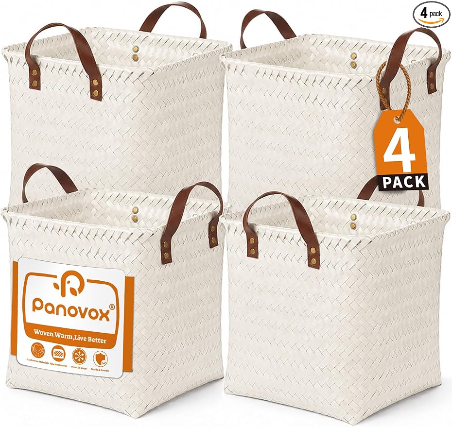 Wicker Storage Baskets, 4 Pack Woven Baskets for Shelves, White | PP Rattan, Water-resistant Wicker Basket, Large Baskets with Faux Leather Handles for Blanket, Laundry Organizer, Room Decor