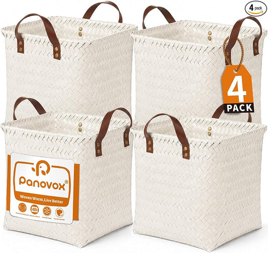 Wicker Storage Baskets, 4 Pack Woven Baskets for Shelves, White | PP Rattan, Water-resistant Wicker Basket, Large Baskets with Faux Leather Handles for Blanket, Laundry Organizer, Room Decor