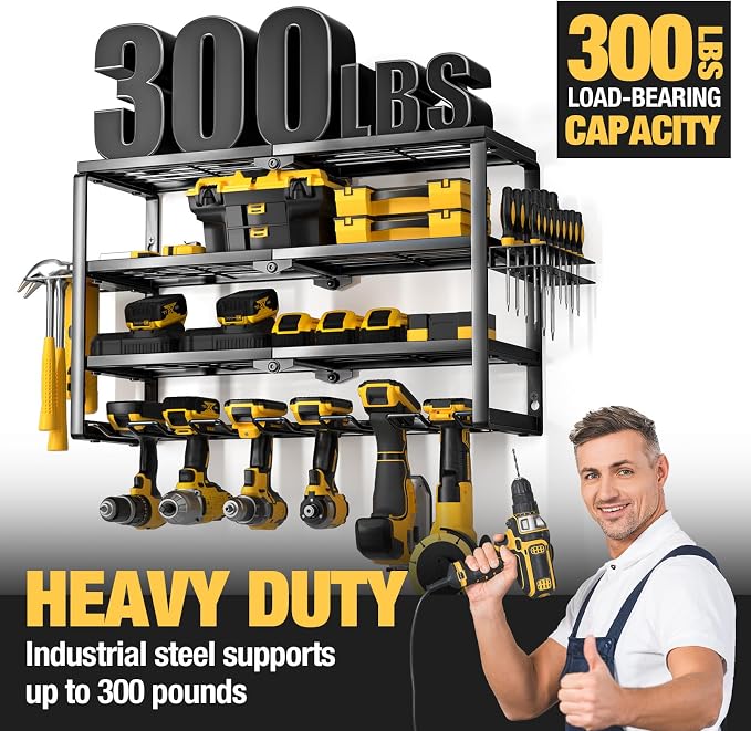 YYR 4 Layer Power Tool Organizer Wall Mount, Cordless Drill Hanger Storage Rack, Battery Tools Holder with Charging Station Shelf for Garage Organization, Workshop, Pegboard, Shed - 24 Inch 6 Slots
