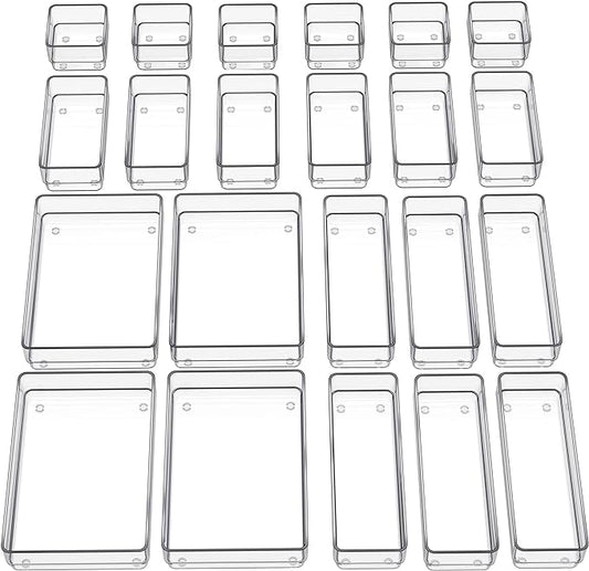 SMARTAKE 22 PCS Drawer Organizer, 4-Size Desk Bathroom Drawer Organizer | 4-Size Storage Tray with Non-Slip Silicone Pads for Makeup, Jewelries, Utensils in Bedroom Dresser, Office and Kitchen, Clear
