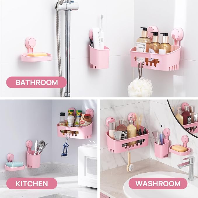LEVERLOC Shower Caddy Suction Cup Set Shower Organizer & Soap Holder, Pink | Toothbrush Holder, Bathroom Shelf Basket NO-Drilling, Removable Suction Storage, Waterproof Bathroom Caddy