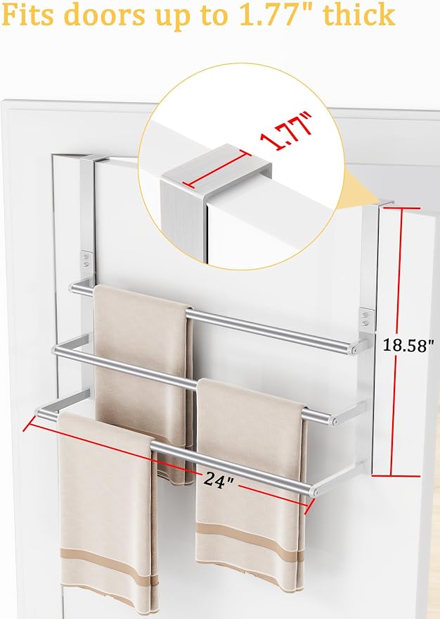 24Inch Brushed Nickel Over the Door Towel Rack, VOTZAAQ Stainless Steel Over Door Towel Holder, Door Towel Hanger with 3 Tier Towel Bars, Over Door Towel Storage for Bathroom