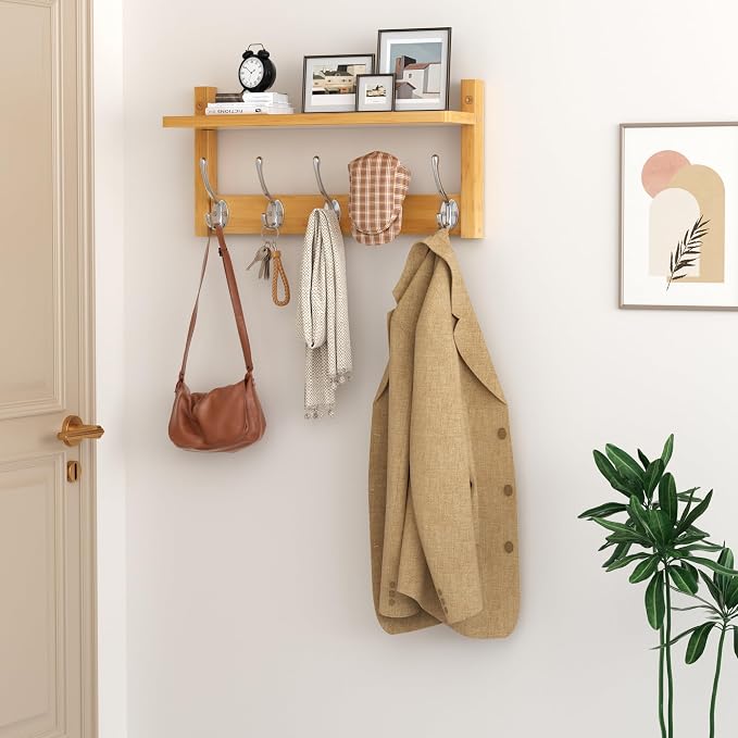 VASMIA Coat Rack Wall Mount with Shelf,Bamboo Wall Shelf with Hooks,Coat Hangers for Entryway,Bathroom, Living Room, Bedroom, Natural