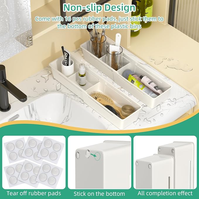 4 Pack Expandable Drawer Organizer, Desk Drawer Organizer Tray | 8 pcs Dividers Adjustable, 16 pcs Non-Slip Feet, Organizer Bins for Junk, Office, Makeup, Kitchen Utensil, Plastic, White