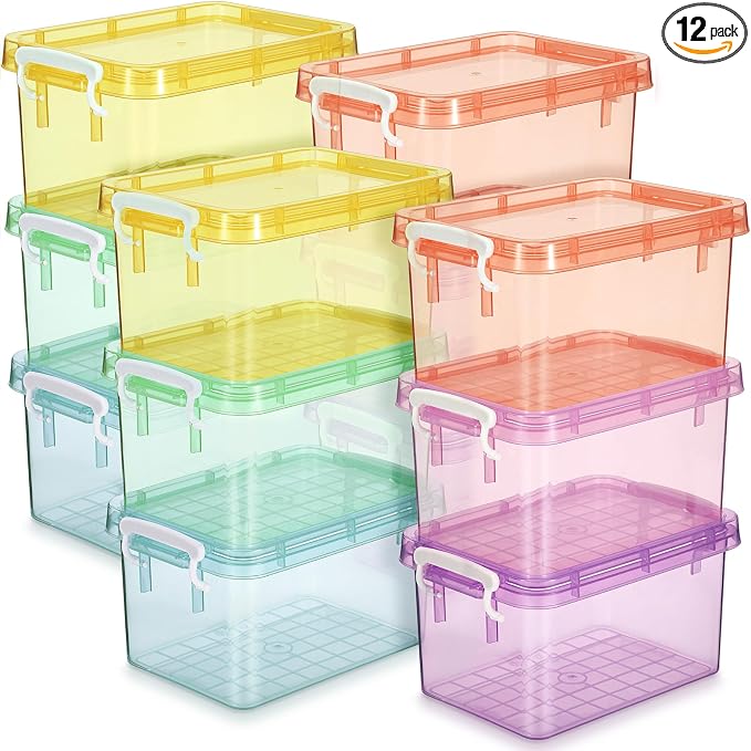 12 Pack Colorful Plastic Storage Bins with Lids 4 Quart Small Storage Latch Box Stackable and Nestable Clear Organizer Bins with Latching Handle and Buckle for Organizing (Colorful)