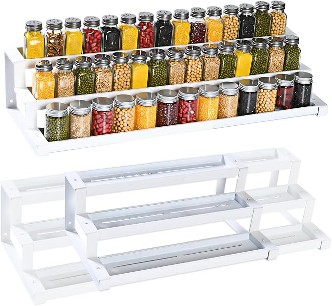 Expandable Spice Rack Organizer for Cabinet, 3 Tier Metal Spice Organization,16"-29.5" Wide Adjustable Seasoning Organizer, Display Shelf, Canned Goods Organizer for Pantry Kitchen Countertop, White