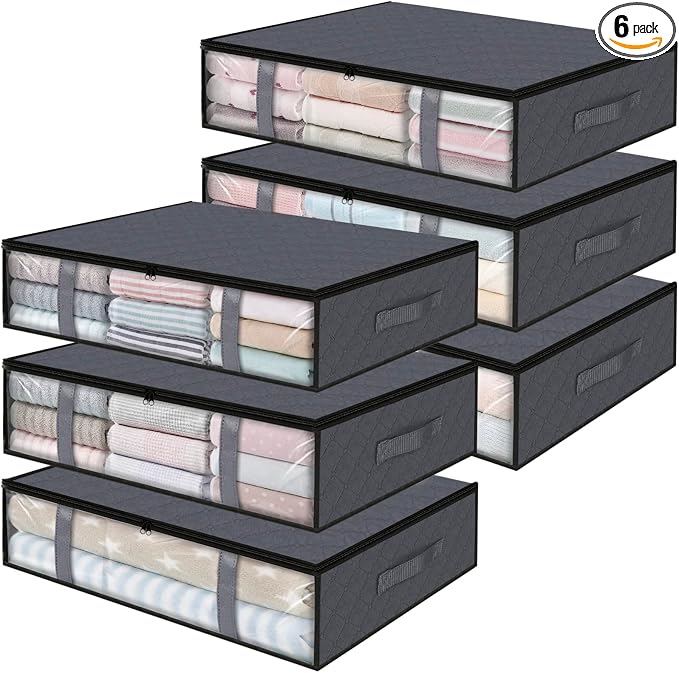 StorageRight Under Bed Storage Bags, 6 Pack, 40L, Gray | Breathable Non-Woven Fabric with a Clear Window and Zippered Top for Clothes, Comforters, Blankets and Seasonal Storage