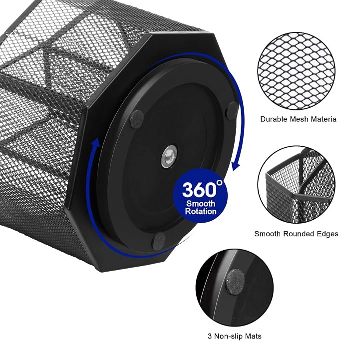 Comix Mesh 360° Rotating Pen Holder, Desk Organizer for Home Office, Black | 9 Compartment Pencil Holder, Sticky Notes Holder, Pen Organizer Office Supplies