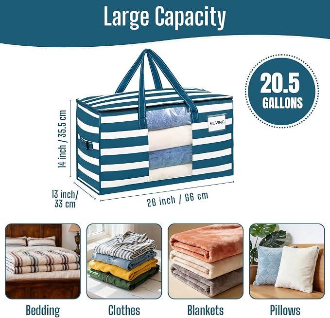 VENO Moving Bags, Wide Open Top, Clear Window, Classic Navy Stripe, 8 Pack | Moving boxes Alternative, Heavy Duty, Storage Bags, Clothes and Comforter Storage, Packing Supplies, College Dorm Essentials