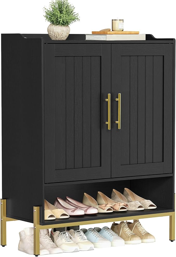 HOOBRO Shoe Cabinet, 5-Tier Shoe Storage Organizer with Doors, Wooden Shoe Cabinet Storage for Entryway, Freestanding Shoe Rack Cabinet with 3 Adjustable Shelves for Hallway, Gold and Black DB41SC01