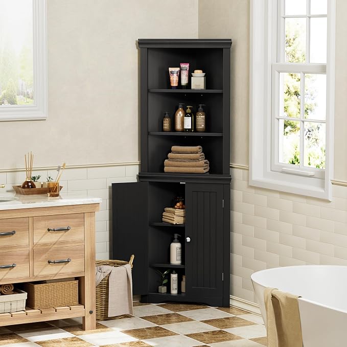 YESHOMY Corner Cabinet, Storage Cupboard with Doors, Black | Tall Storage Cabinet with Adjustable Shelves, for Living Room, Bathroom, Kitchen