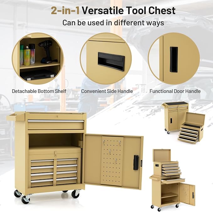 Goplus Tool Chest, 5 Drawers Rolling Tool Cabinet with Detachable Top Toolbox, Universal Lockable Wheels, Lock Bar, Protective Liner & Tool Rack, Metal Tool Storage Cart, Tool Box for Garage Workshop