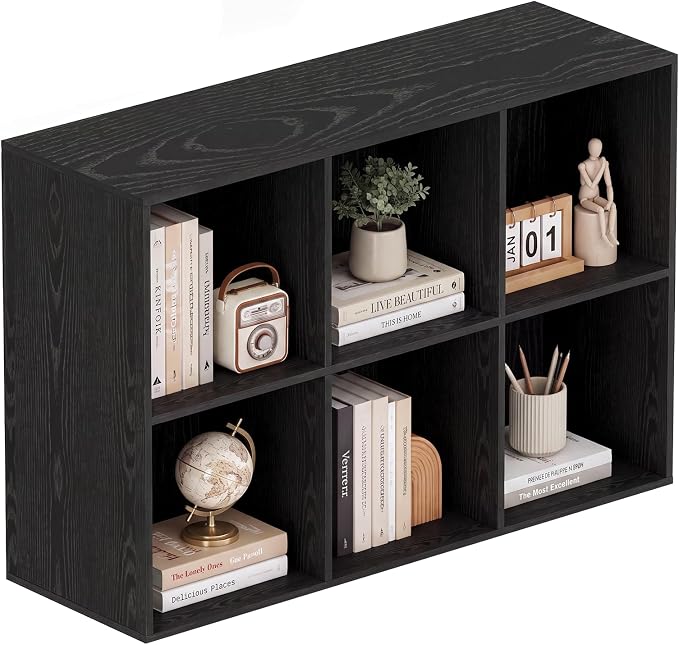 Book Shelf, Wooden Cube Storage Organizer with 11" Open Cubes, Stackable Modular Bookcase for Room Divider Storage, 2 Tier Bookshelf for Living Room, Bedroom, Office (Black, 6-Cube)