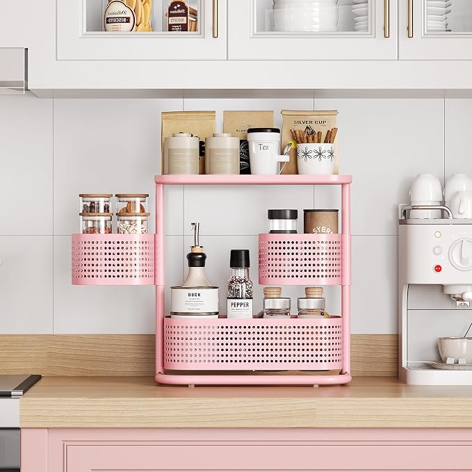 KINGRACK Metal Bathroom Counter Organizer，Rotating Countertop Storage Shelf | 3 Tier, Makeup Tray for Vanity, Perfume & Skincare, Standing Shelf for Bathroom Counter Storage, Pink