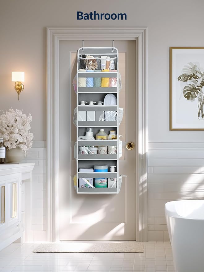 Yecaye 5 Tier Over the Door Organizer, Swing-proof Door Organizer Hanging with Clear PVC Windows, Behind the Door Storage for Bedroom Nursery Closet Laundry Pantry Bathroom, Grey