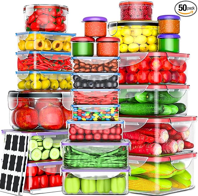 RockBerry 50 Pcs Large Food Storage Containers with Lids Airtight-85 OZ to small Containers-Total 526OZ Stackable Kitchen Set -BPA Free Leak proof containers (50Multi)