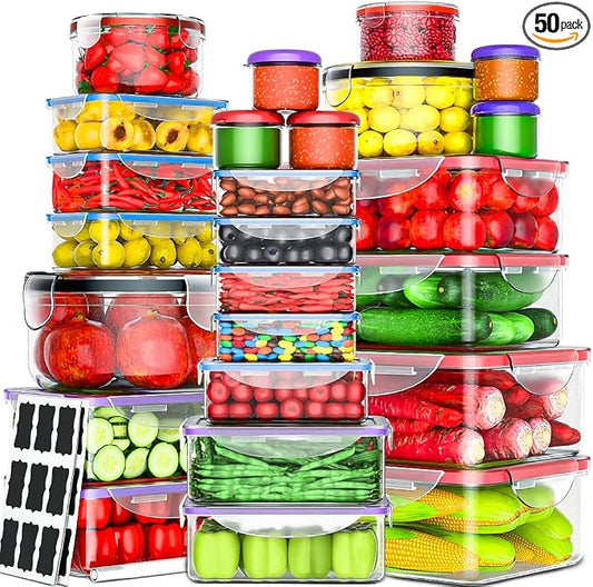 RockBerry 50 Pcs Large Food Storage Containers with Lids Airtight-85 OZ to small Containers-Total 526OZ Stackable Kitchen Set -BPA Free Leak proof containers (50Multi)