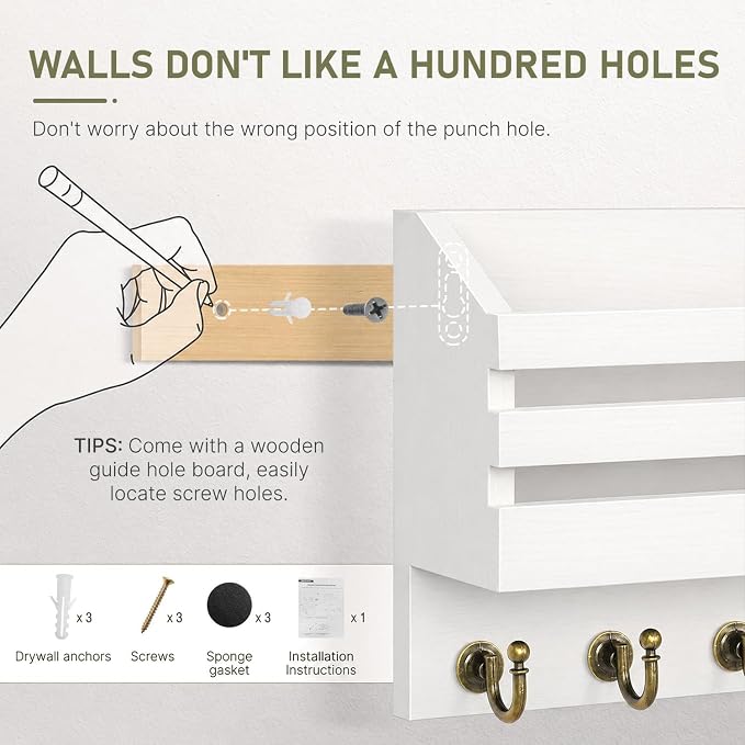 FifthQuarter Key Holder Wall Mount with Drawer and 6 Sturdy Hooks | Wooden Entryway Organizer and Decorative, Easy Installation