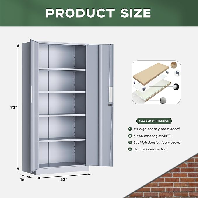 Greenvelly Metal Garage Storage Cabinet, 72” Tall Locking Steel Cabinet with 2 Doors and 4 Adjustable Shelves, Utility Metal Filing Cabinet with Lock for Home, Office, Garage, School (Dark Grey)
