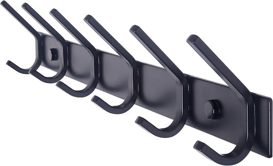WEBI Coat Rack Wall Mounted,17-1/8 Inch Hooks for Hanging Coats,Heavy Duty Metal Hook Rail with 6 Double Dual Hooks Hanger Wall Mount for Purse Clothes Jacket Backpack Entryway,Black