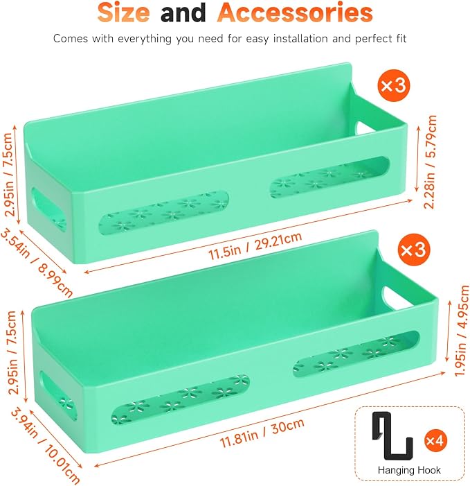 Sevenblue 4-Pack Magnetic Spice Rack for Refrigerator with Hooks, Green | Strong multipurpose magnetic shelf for kitchen & bathroom organization. Includes 4 removable hooks for hanging items.