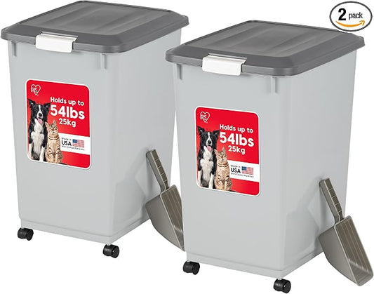 IRIS USA Dog Food Storage Container 54 lbs, 2-Pack with Wheels, Airtight Lid, 2-Cup Scoop, Double Pet Food Storage, Built in Scoop Storage in Lid, Versatile Pet Food Bin, Portable, Gray/Dark Gray