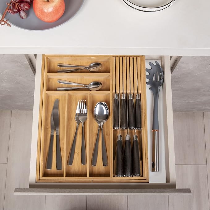 Expandable Bamboo Silverware Drawer Organizer Tray, Natural | Removable Knife Block, Holds 7 Knives, Adjustable Dividers, 12.6-21.45 x 16.3 x 2.13 in, Drawer Insert for Utensils, Forks