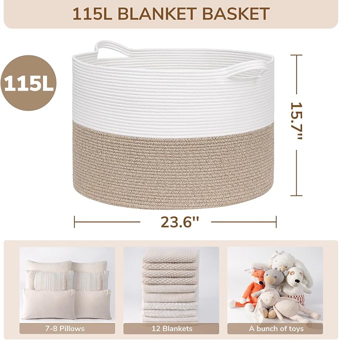 INDRESSME 115L Extra Large Woven Rope Blanket Basket Living Room LightBrown | 23.6" x 15.7" Storage baskets for toys laundry & pillows. Fits living room, bedroom or nursery décor. Soft-touch with handles