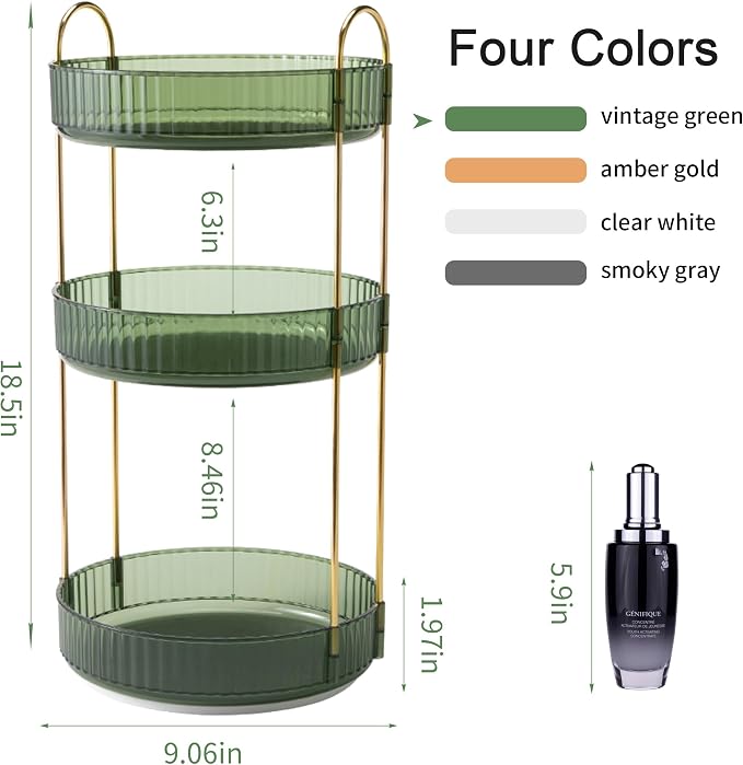 YCIA&DONE 360 Rotating Makeup Organizer and Storage for Vanity Countertop 3 Tiers, High Capacity Cosmetic Skincare Perfume Organizers for Dresser Bathroom Lazy Susan (Vintage Green)
