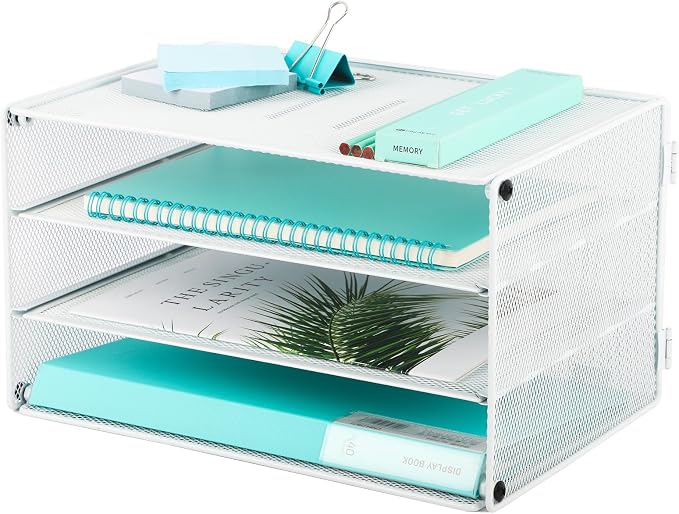 3 Tier Mesh Desk Organizer Tray, Desktop Mail File Paper Letter Folder Holder Sorter Organization Rack Storage Accessories for Office Home School Classroom, White