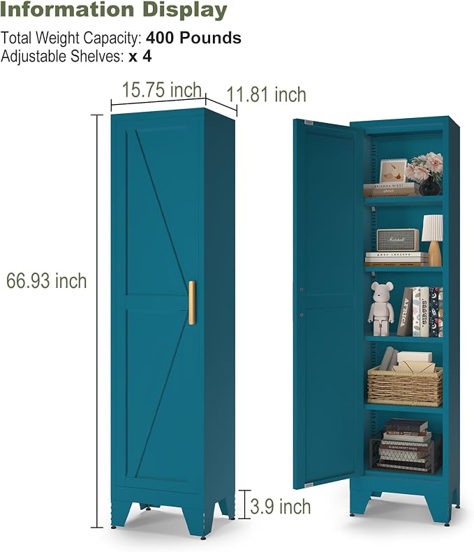 COFaR Tall Bathroom Cabinet, Metal Farmhouse Narrow Slim Storage Cabinet with Adjustable Shelves Barn Door for Bathrooms, Kitchens, Entrances Living Room (Blue)