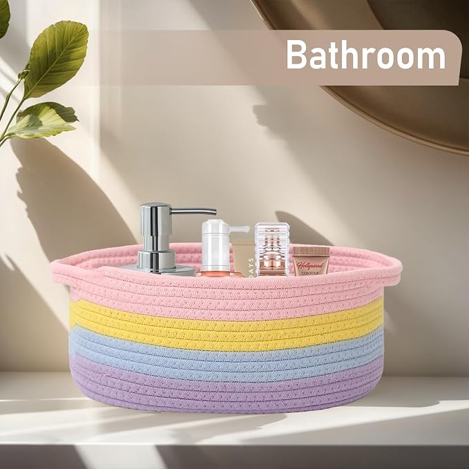 JMvicyroam Small Woven Basket, Empty Gift Basket, Rainbow/2 Pack | Small Gift Basket, Cotton Rope, 12 x 8 x 52 in, Handles, Includes Ribbon and Bag, Birthday Gift Basket
