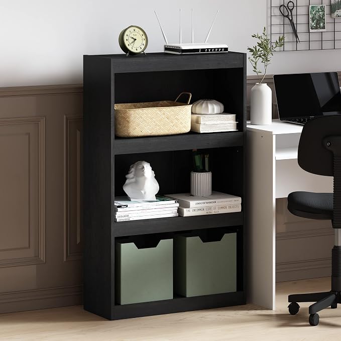 Furinno Jaya Book Shelf, 3-Tier Modern Bookshelf with Adjustable Shelf, Bookcase with Open Shelf, 9.5 x 24.5 x 40.3, for Organization and Storage, for Living Room, Bedroom, Home Office, Darkwood