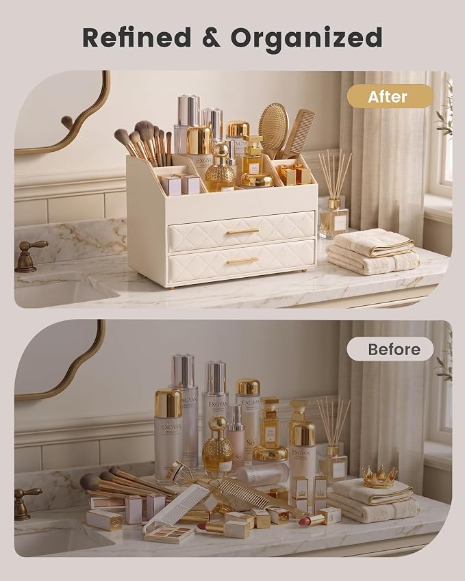 Lolalet 3-Layer PU Leather Makeup Organizer for Cosmetic Vanity -Beige | Large Bedroom Dsek Countertop Cosmetic Organizer with Brush Holder, Skincare Storage for Lipsticks, Nail Polish, Perfume
