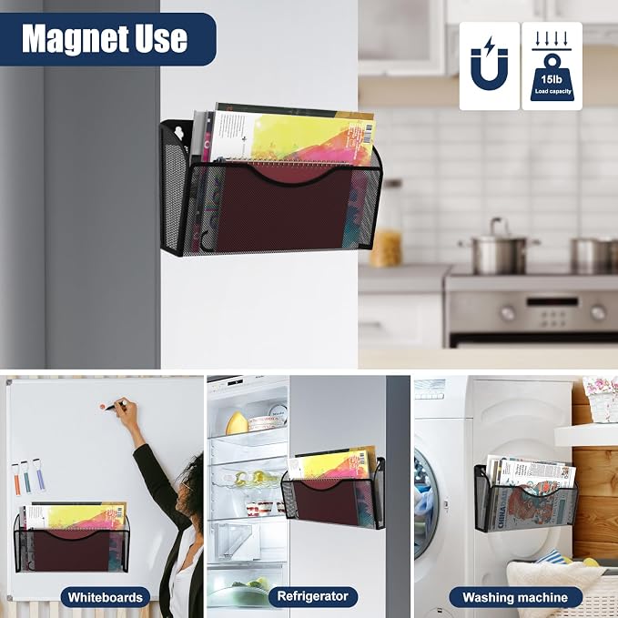 Magnetic File Holder 2 Pockets File Folder Organizer, Office Hanging Magazine Rack for Refrigerator, White Board, No Drilling Paper Document Holder Mail Organizer for File Cabinets