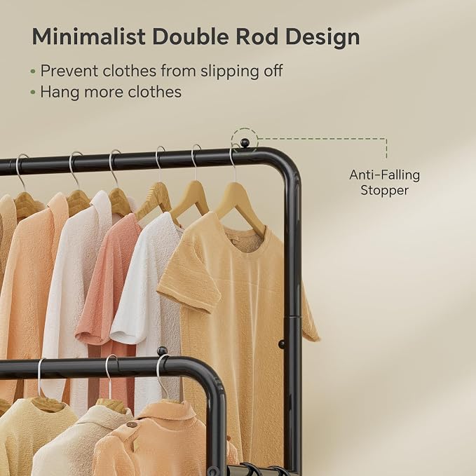 Simple Trending Clothes Rack, Double Rods Clothing Rack with Shelves, Black | Metal Garment Rack with 2-tier Fabric Shelves, 400 LBS Load, Anti-Slip Stoppers, 360° Lockable Wheels, Bedroom, Laundry Room