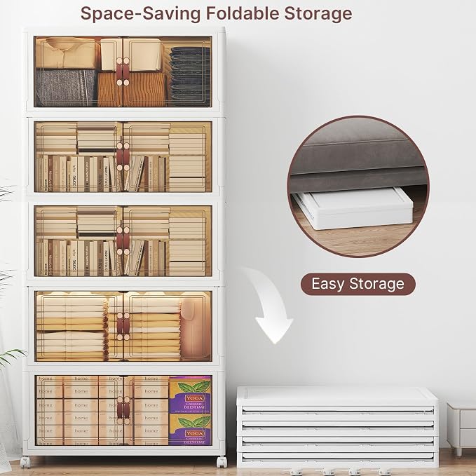 UAMFURI Stackable Storage Bins with Lids, 600QT Lockable Storage Cabinet | Folding Storage Box with Doors and Wheels, Collapsible Plastic Drawers for Home, Garage, Office