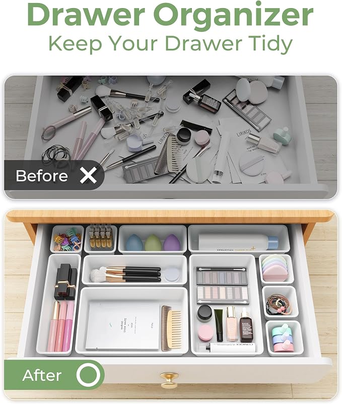 BiuLeon 25 PCS Plastic Drawer Organizers Set, 4-Sizes Vanity and Makeup Organizer, Desk and bathroom Drawer Organizer Trays, Organizers and Storage for Makeup, Jewelry, Gadgets, Utensils (White)